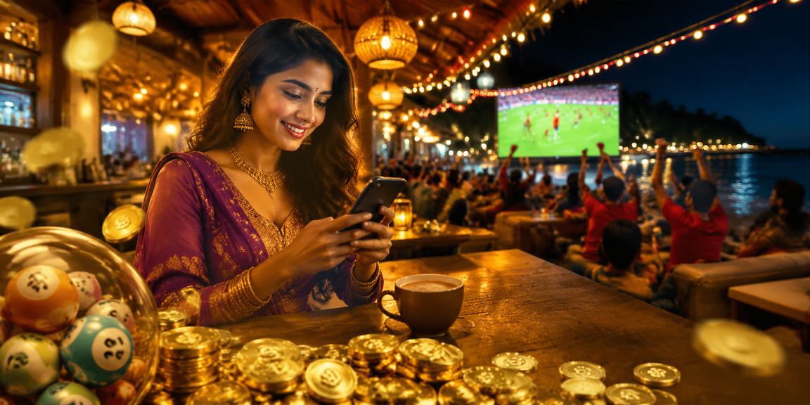 Colorful lottery scene in India with a red and gold theme